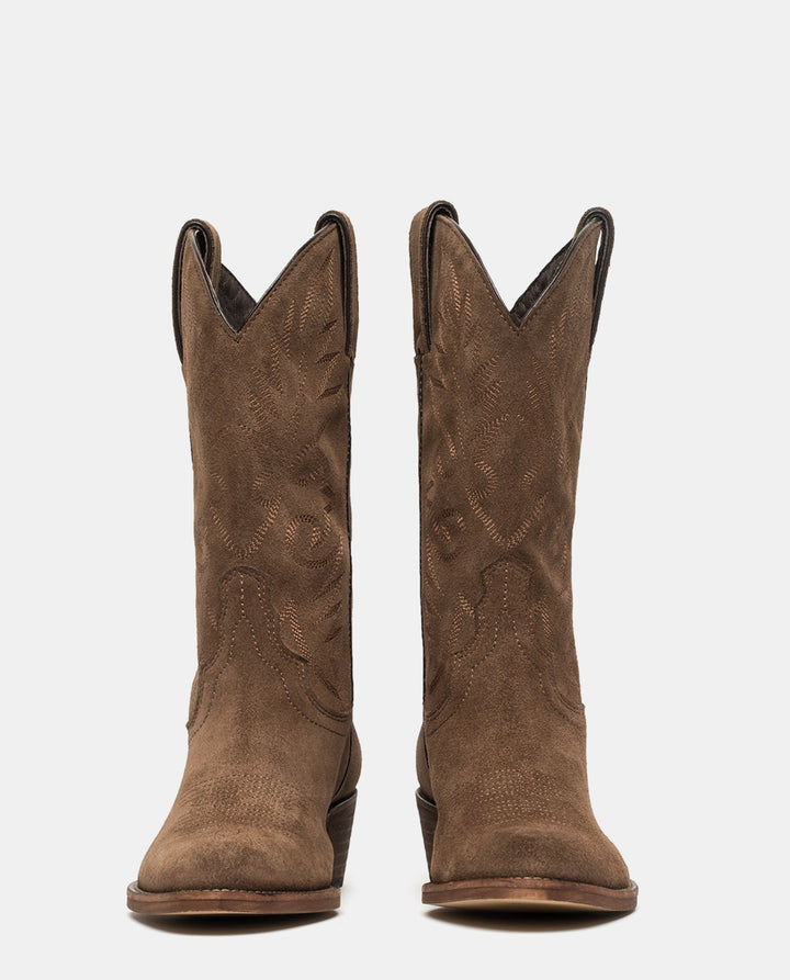 Delantera botas cowboy ante marrón para mujer media caña