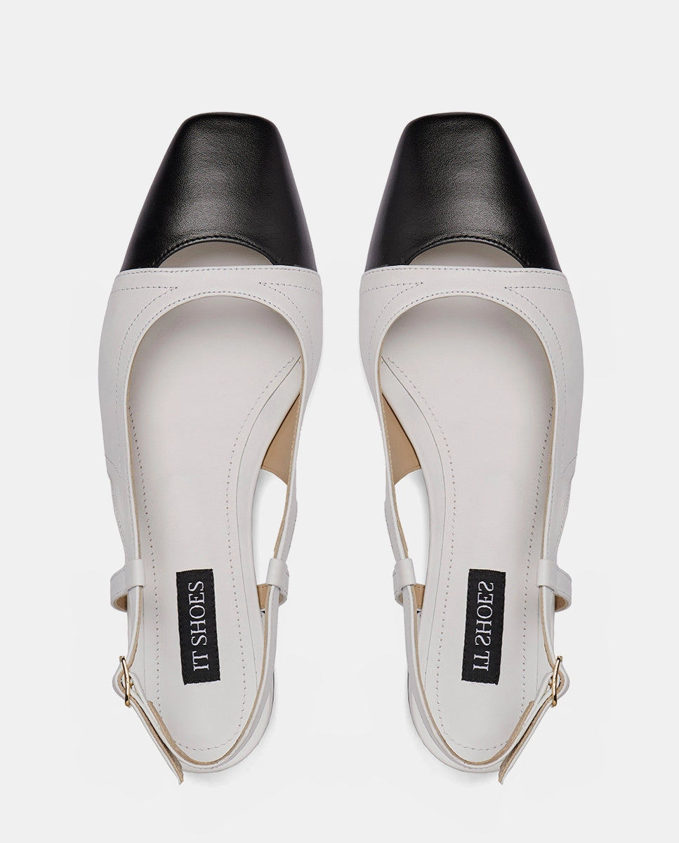 zapatos blancos old money para mujer con puntera negra