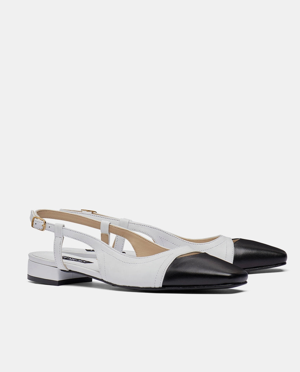 zapatos blancos old money para mujer con puntera negra