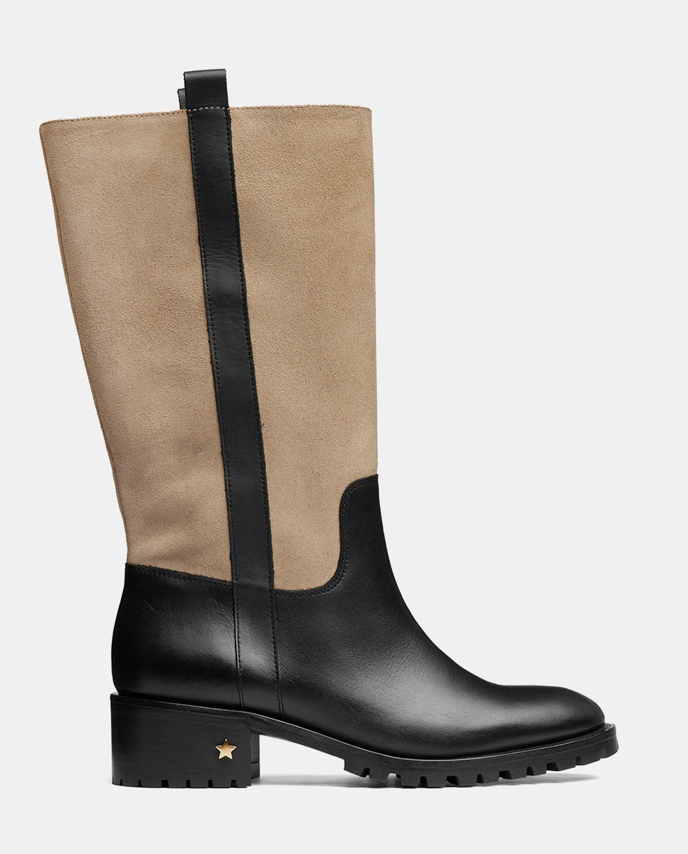 botas camperas altas beige y negro