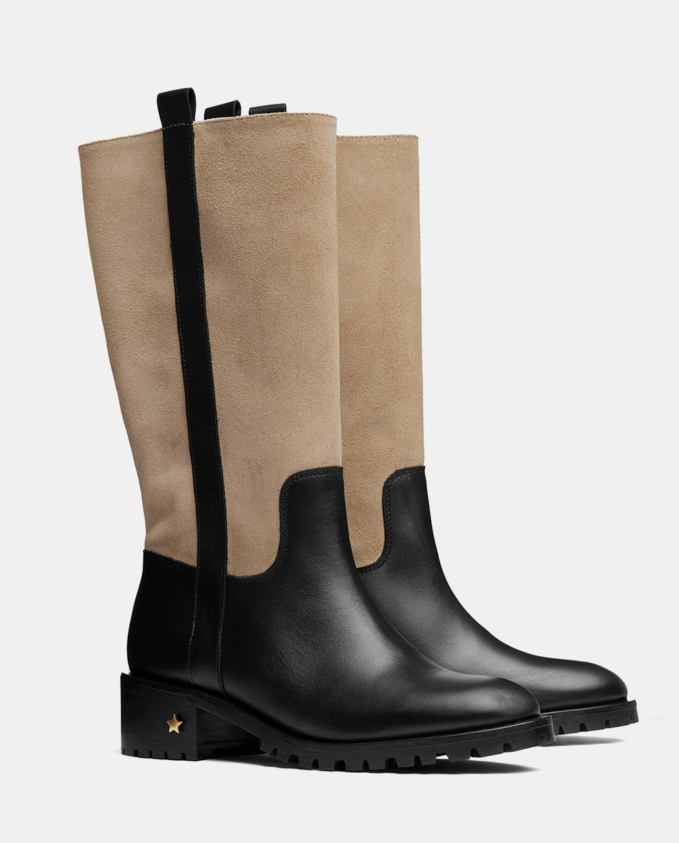 botas camperas altas mujer beige y negro