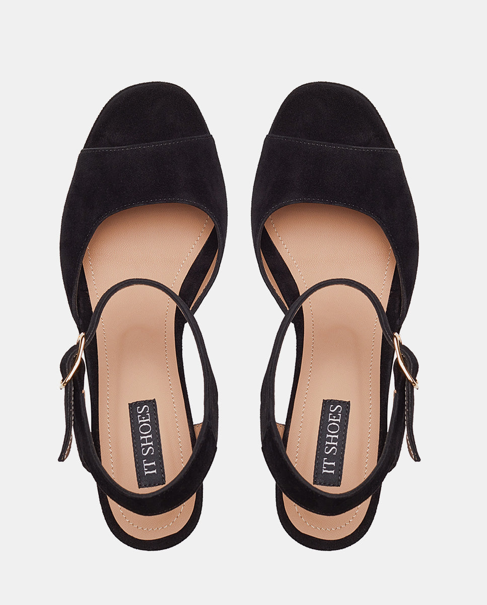Sandalias negras con tacón y plataforma en ante negro
