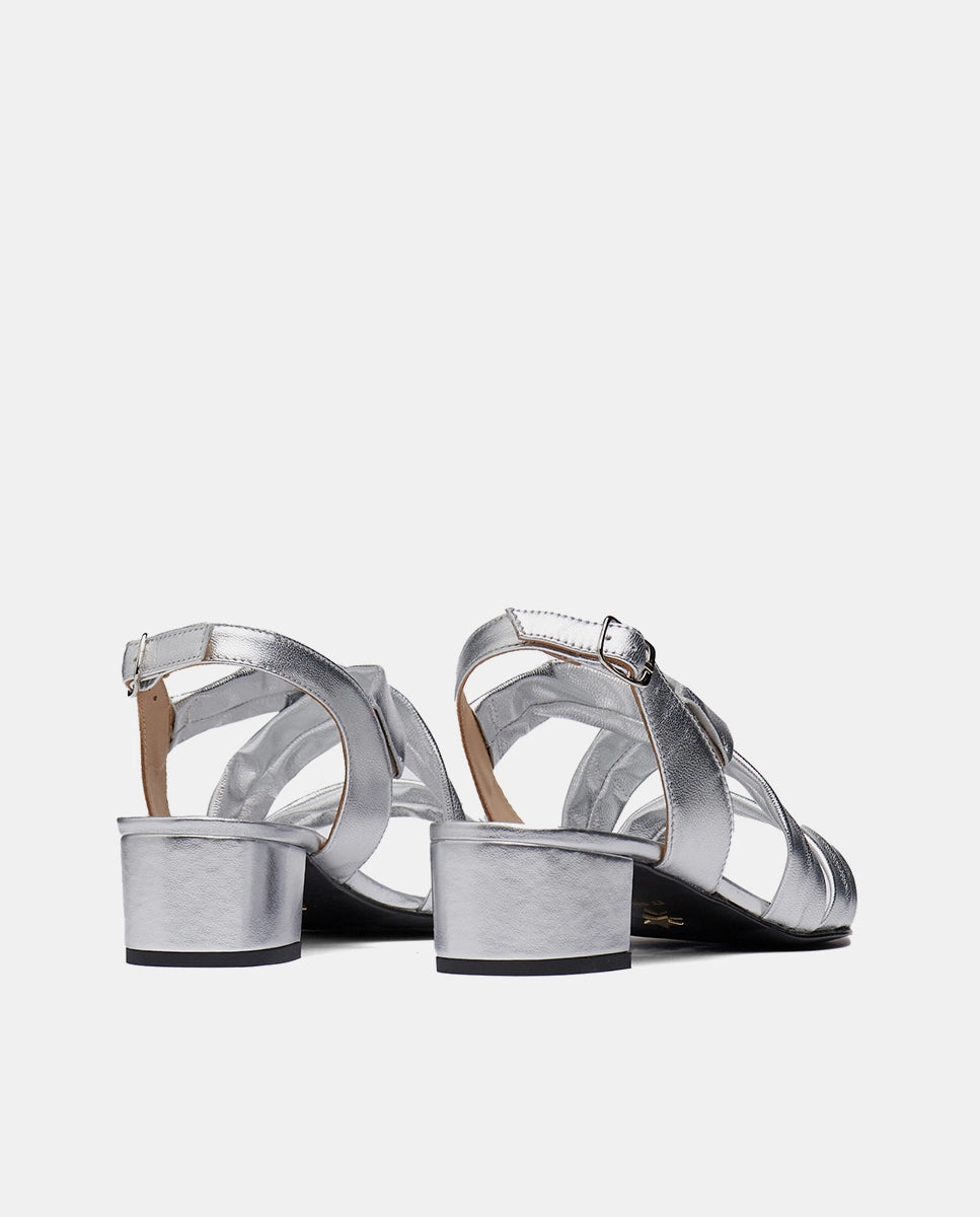 trasera sandalias plata con tacón bajo para fiesta