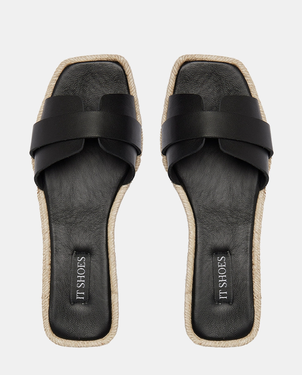 Sandalias en piel negra y esparto mujer