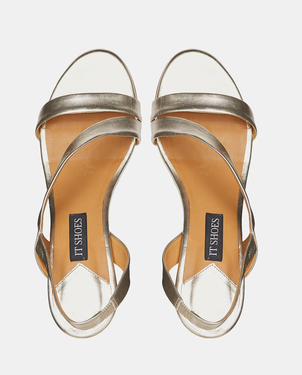 sandalias con tacón color champagne mujer