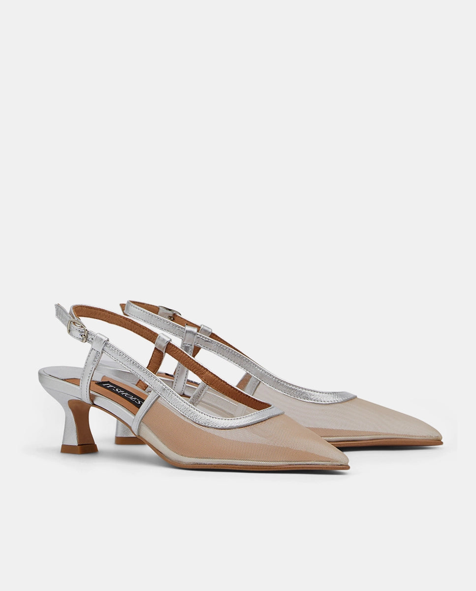 sandalias con punta transparente en color plata y tacón medio