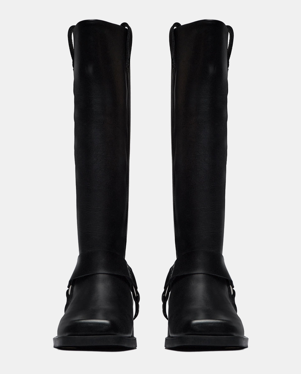 Botas biker para mujer en negro con caña alta y hebillas laterales
