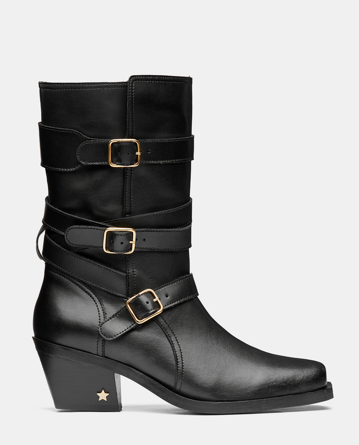 bota biker con hebillas piel negra para mujer