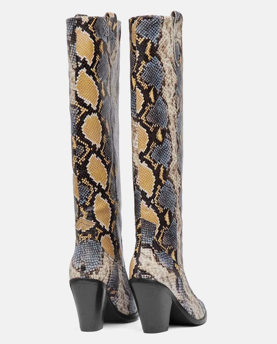 botas altas piel efecto pitón gris amarillo tacón medio