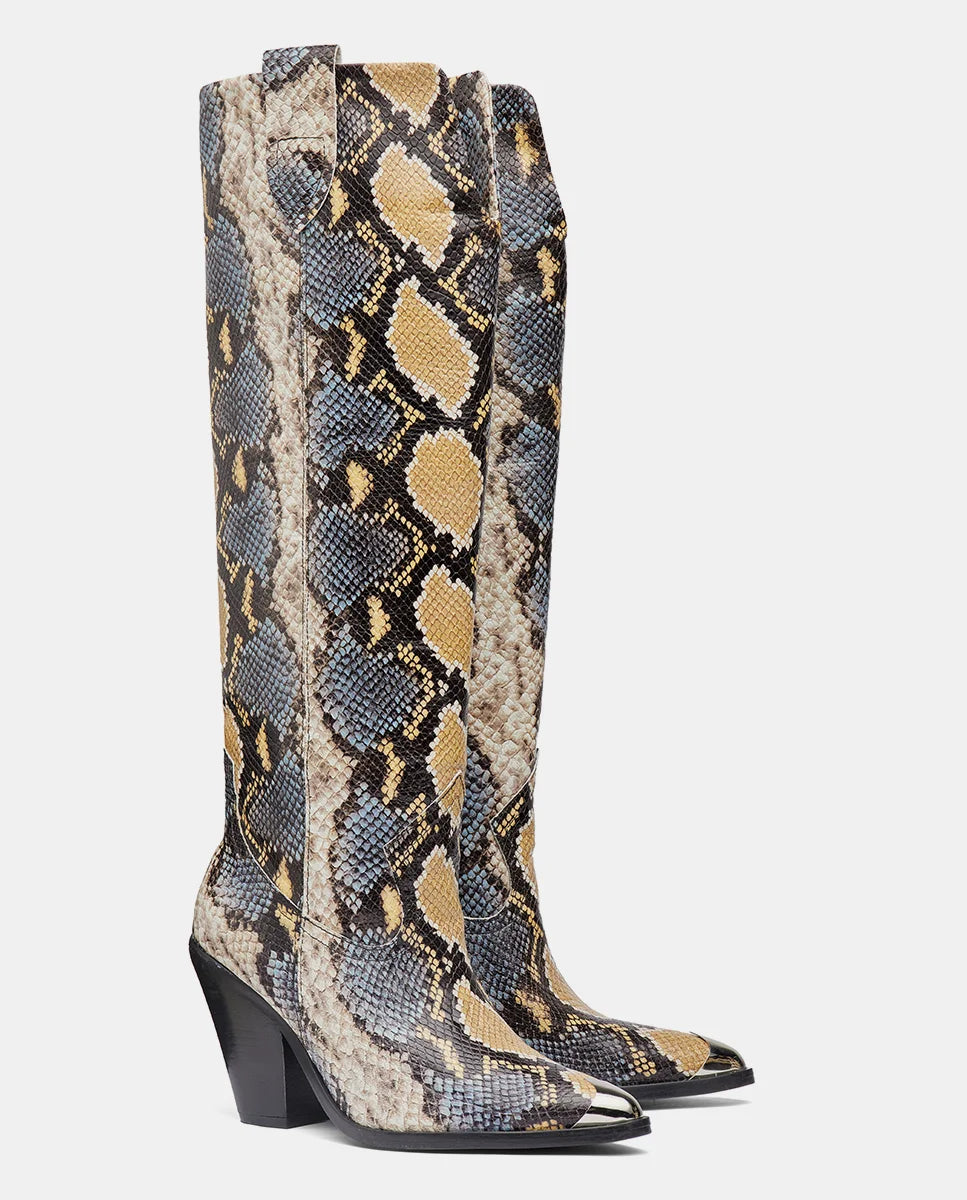 botas caña alta tacón medio piel efecto pitón amarillo gris