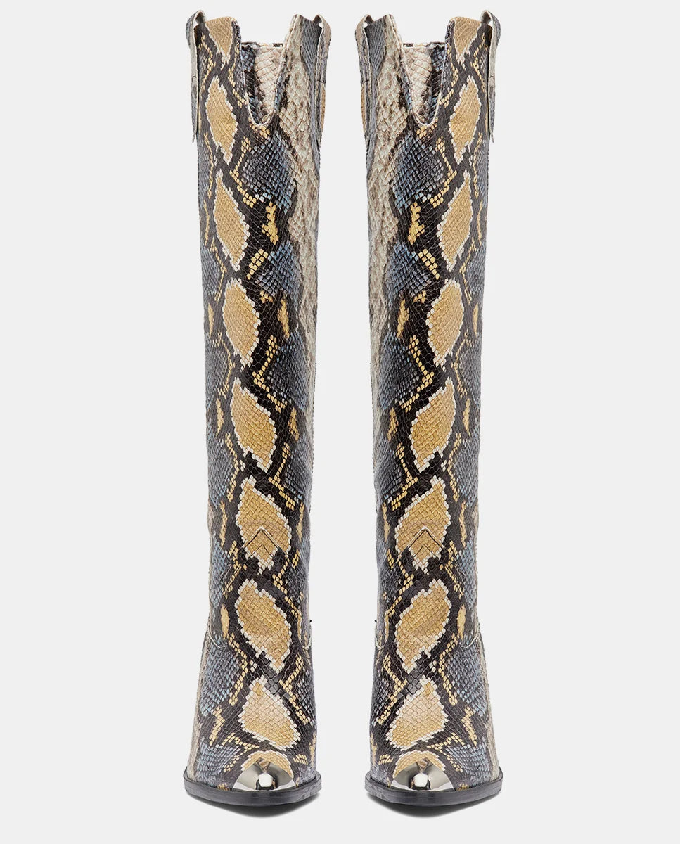 delantera botas para mujer piel efecto pitón gris y amarillo caña alta