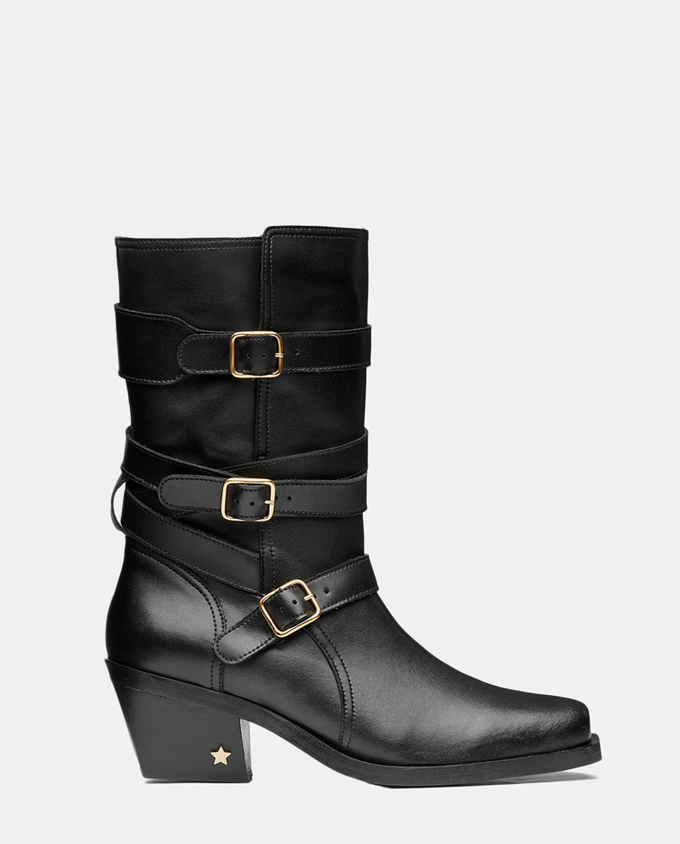 Bota biker con hebillas en piel negra