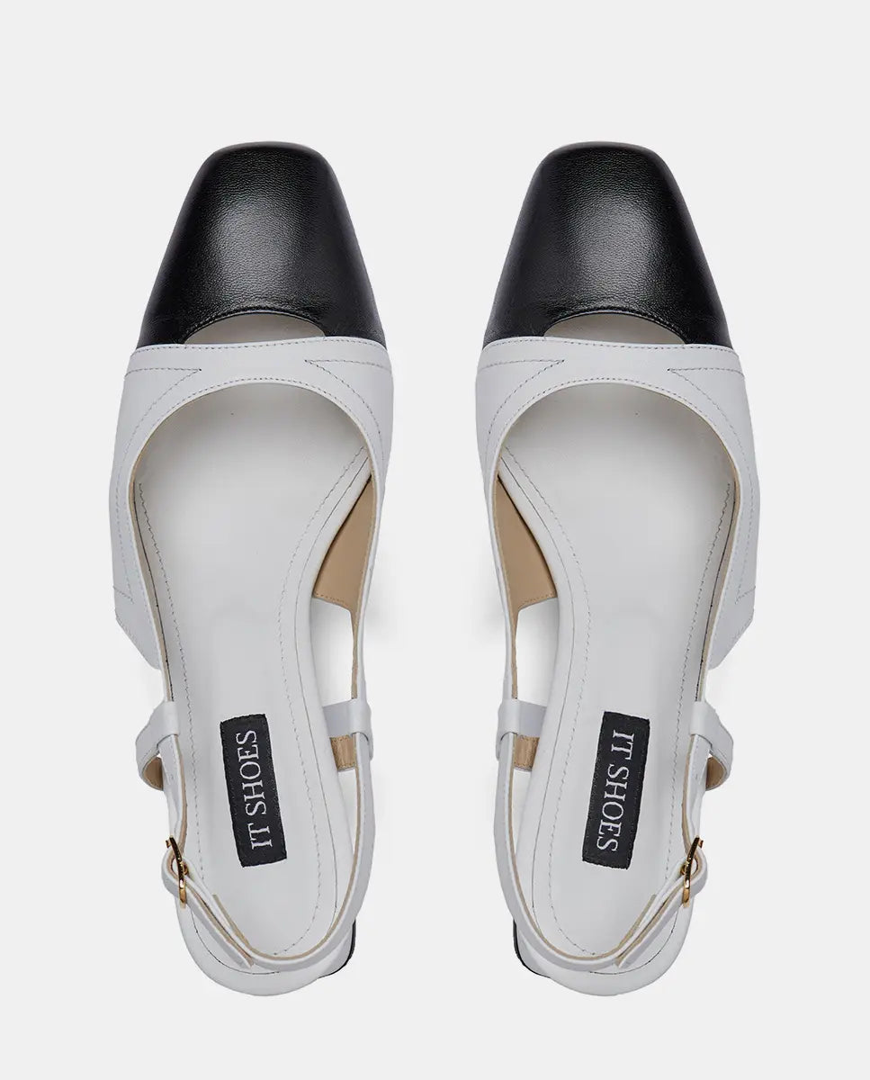 Sandalias en cuero blanco con puntera negra para mujer
